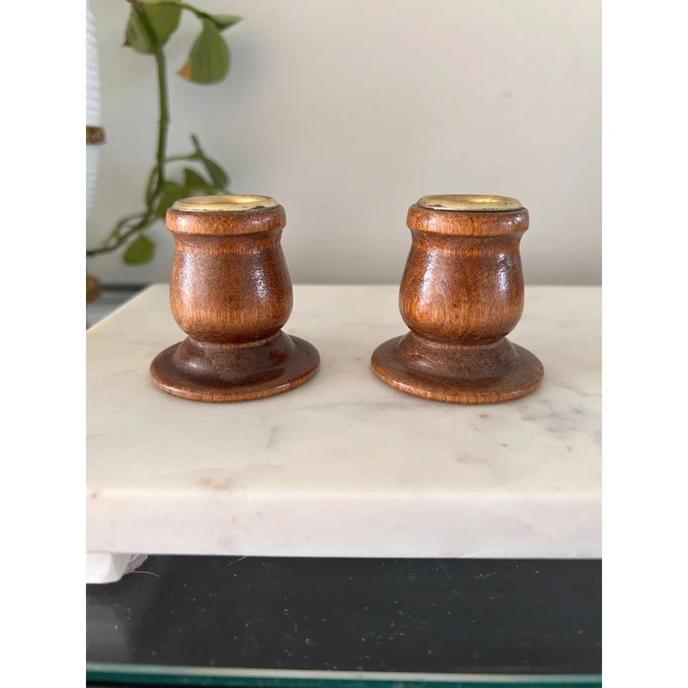 Vintage MCM 3-in-1 Wooden Turned Candlesticks with 8 Stacking Napkin Rings Set